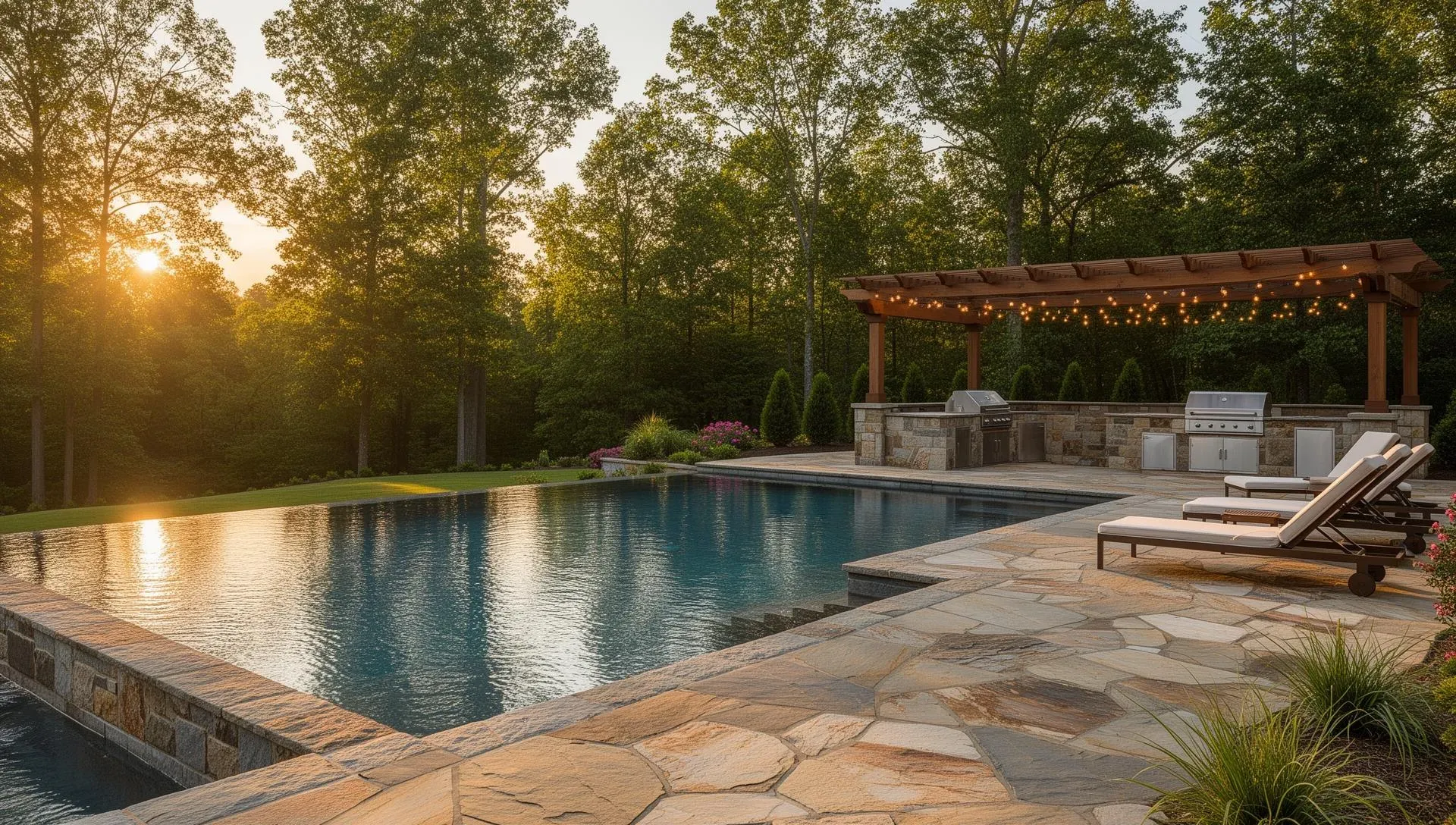 Backyard Resort freeform pool with beach entry and outdoor kitchen pavilion in Fairfax County